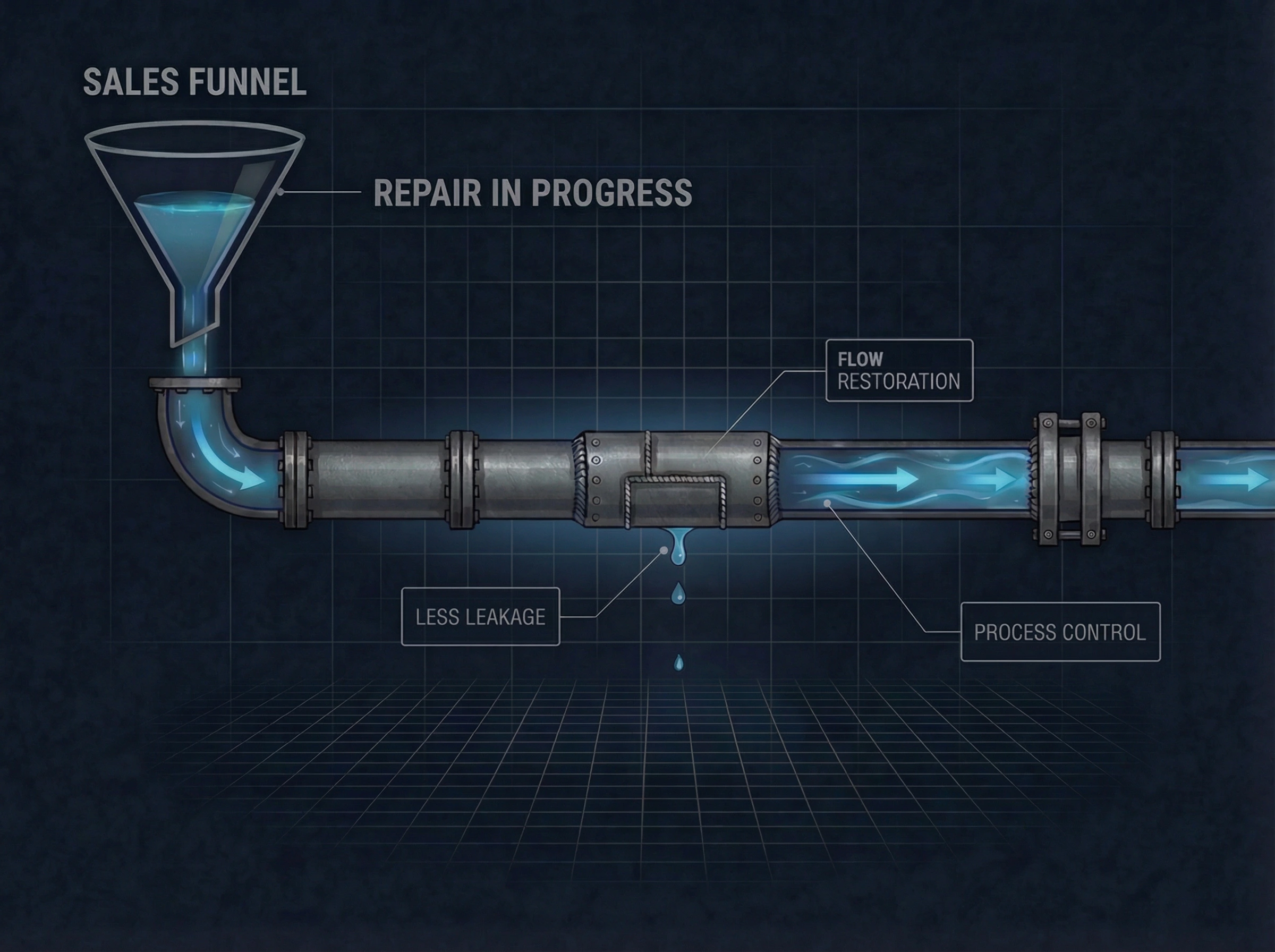 Single-channel funnel and pipeline system being repaired